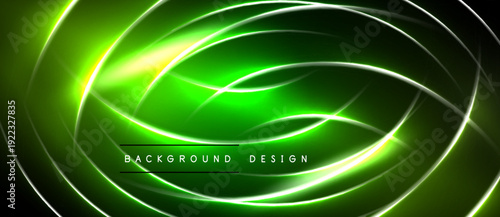 Abstract green design features flowing lines, curves, bright illumination. Dark background enhances luminous effect, modern aesthetic.