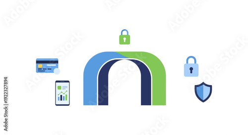 Cybersecurity and Data Protection Gateway. Secure payment system, mobile banking, and financial transaction safety concept illustration.