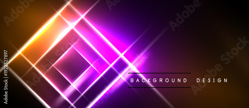 Abstract neon lines create dynamic geometric pattern. Vibrant colors blend, forming modern background design. Dark space emphasizes bright illumination.