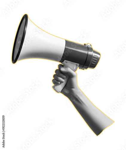 Retro halftone hand holding megaphone art collage on transparent background