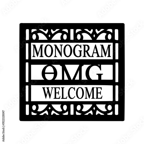 Elegant Black Monogram Welcome Sign with Geometric and Floral Details