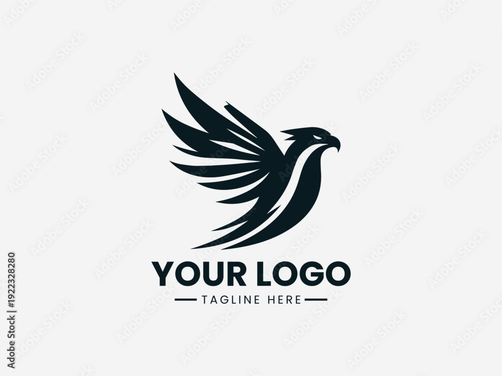Fototapeta premium Black silhouette logo of a flying bird with outstretched wings and customizable text on a white background.