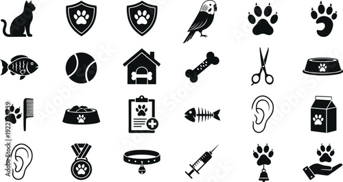 Pet Care Icon Set with Dog and Cat Symbols, Veterinary Tools, Food Bowl and Paw Print Silhouettes Vector Collection