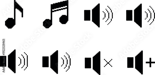 Retro Pixel Audio Icon Set Microphone, Music Notes, and Media Controls