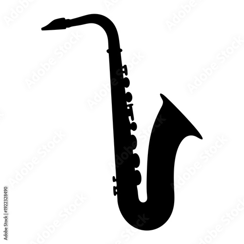 Silhouette of a saxophone against a white background with musical implications