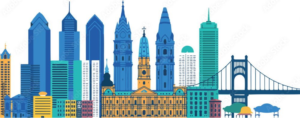 Fototapeta premium Philadelphia Skyline Vector Illustration City Hall, Liberty Place, Comcast Tower