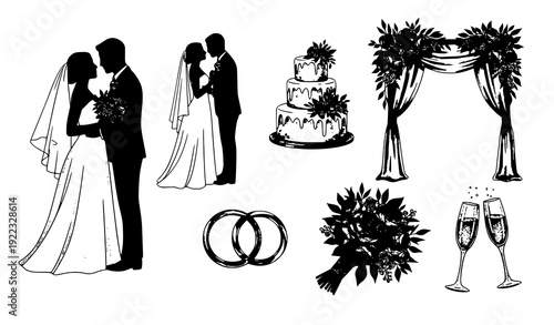 Romantic watercolor wedding clipart collection isolated