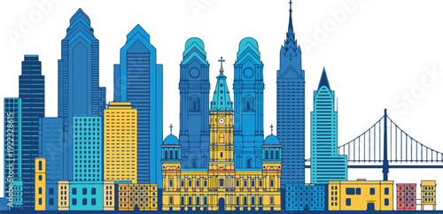 Philadelphia Skyline Vector Illustration City Hall, Liberty Place, Comcast Tower