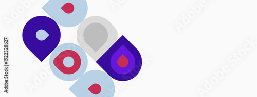 Abstract shapes, purple, gray, red. Minimalist design. Geometric forms overlap, creating dynamic composition. Clean aesthetic.