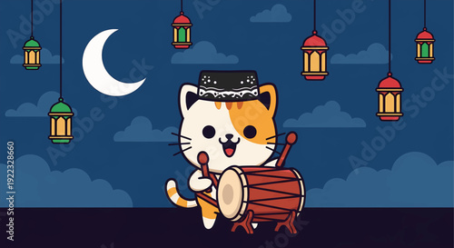 Cute cat wearing peci beating bedug drum Eid al-Fitr vector
