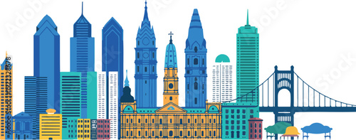 Philadelphia Skyline Vector Illustration City Hall, Liberty Place, Comcast Tower