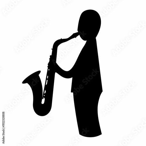 Silhouette of a musician playing a saxophone against a white background