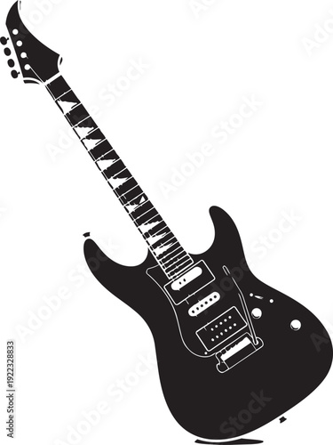 A black electric guitar with six strings and two pickups isolated on transparent background, Vector