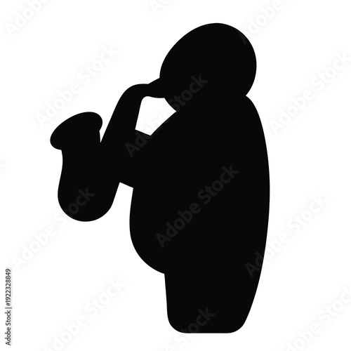 Silhouette of a person playing a saxophone, standing against a white background