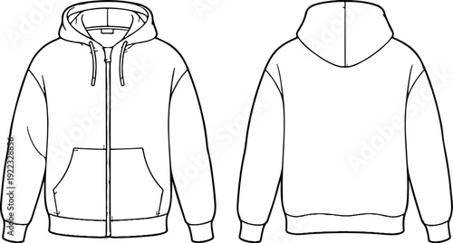 Zip-Up Hoodie Technical Flat Vector Front and Back CAD Template