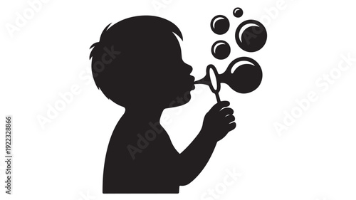 Child blowing bubbles in silhouette with playful joy in soft black and white for nursery decor