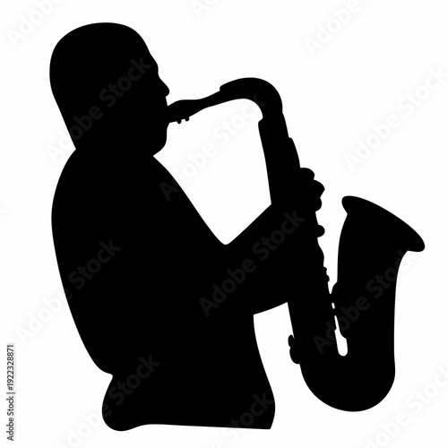 Silhouette of a musician playing the saxophone with a white background.