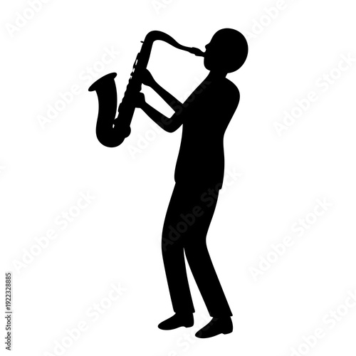 Silhouette of a man playing a saxophone on a white background