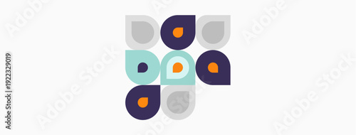 Abstract geometric pattern. Circles, squares, rounded rectangles create playful composition. Muted colors dominate design. Simple, modern aesthetic.