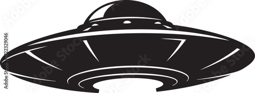 A black and white image of a flying saucer isolated on transparent background, Vector