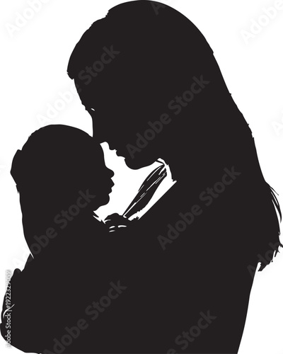 A woman holding a baby in her arms in a silhouette isolated on transparent background, Vector