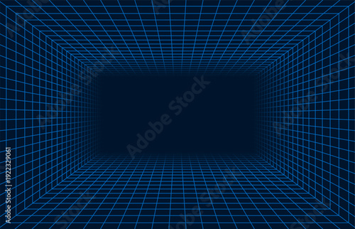Empty futuristic digital box room. Wireframe grid template in perspective