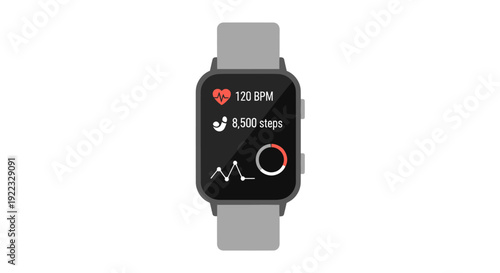 Modern grey smartwatch with a square face displaying health metrics like heart rate and step count.