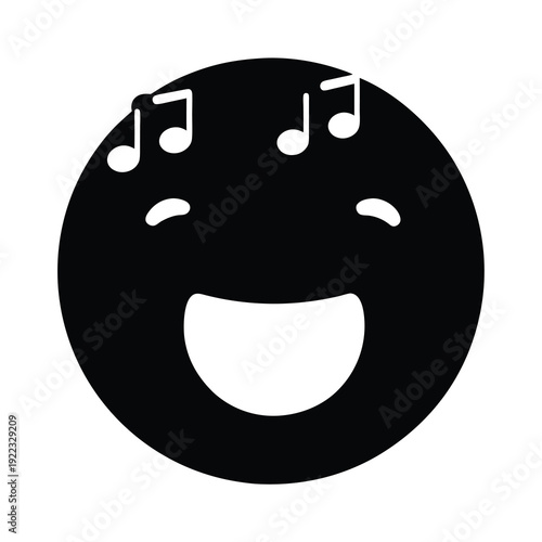 Happy musical note face emoji, joyful and celebrating with music notes