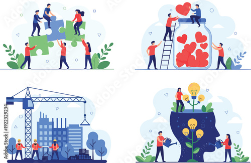 Flat vector illustration set of business concepts including teamwork with puzzle pieces charity heart jar building construction and creative growth with brain ideas.