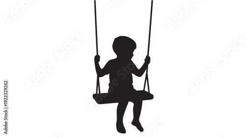 Silhouette of child on swing in playful carefree motion with soft black shadows on white background for childhood theme