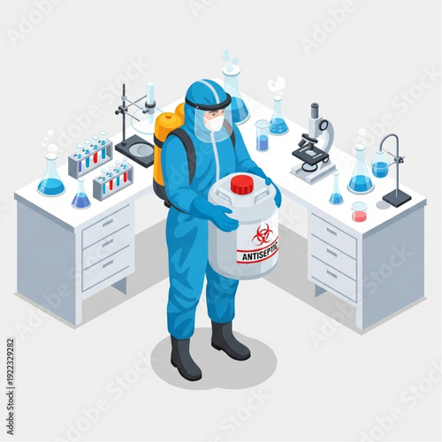 Scientist in hazmat suit holding biohazard container in laboratory setting.