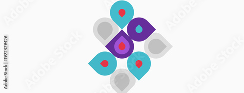 Abstract colorful shapes overlap white background. Geometric design features circles, squares, purple, teal, red hues. Minimalist composition.