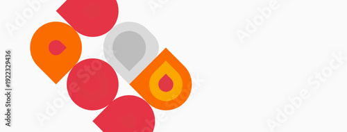 Abstract shapes, orange, red hues dominate composition. Minimalist design, clean lines, simple geometry present. Bright colors contrast white background.