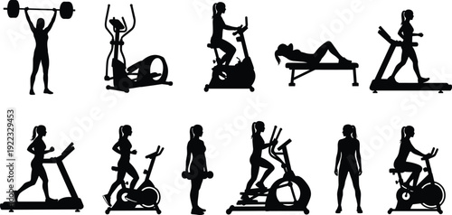 Black silhouettes of people exercising with gym equipment including treadmill, stationary bike, elliptical, dumbbells, and bench workout, symbolizing fitness, training, and healthy lifestyle routines