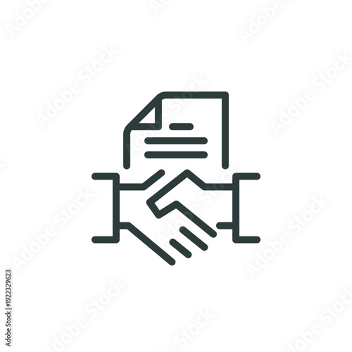 Partnership deal, conclusion agreement thin outline icon. Minimalist line sign two hands in hand shake and paper contract. Vector isolated pictogram perfect for web app or infographic editable stroke.