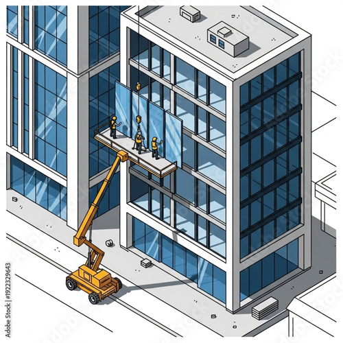 Workers on a cherry picker cleaning a modern office building facade.