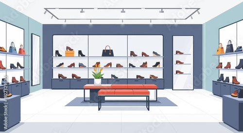 A shoe store interior with display shelves seating area clean floor bright lighting organized layout minimal vector illustration flat design uncluttered composition