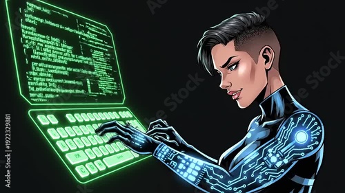 Futuristic Cyborg Hacker Working on Computer.