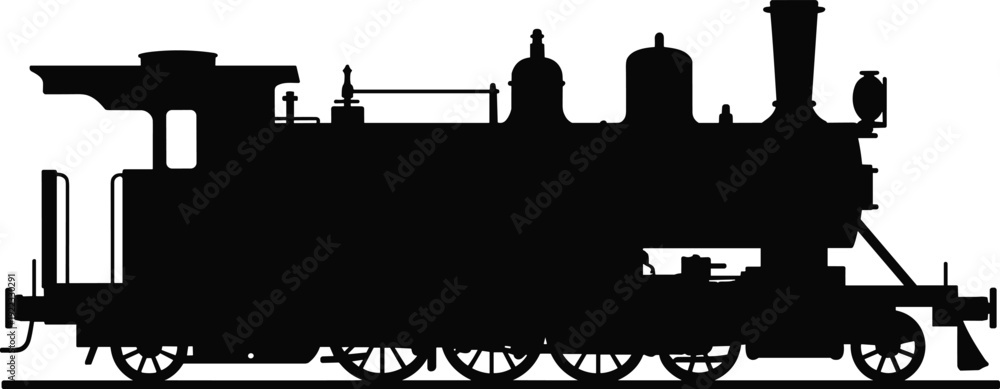 Obraz premium Black silhouette of a vintage steam locomotive, retro railway train engine vector illustration, classic industrial transportation isolated on white background.