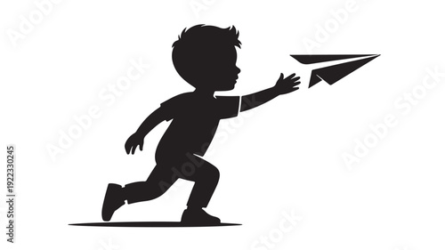 Boy Running with Paper Plane in Silhouette Style with Dramatic Lighting on White Background for Childrens Activity