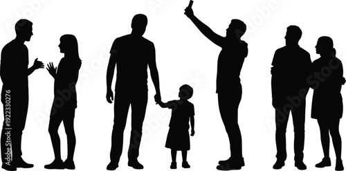 Black silhouettes of diverse everyday people interacting together including family with child and person taking selfie on isolated white background