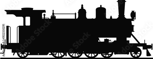 Black silhouette of a vintage steam locomotive, retro railway train engine vector illustration, classic industrial transportation isolated on white background.