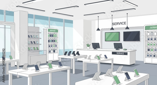 A modern electronics shop interior with smartphone displays service counter clean layout bright lighting minimal vector illustration flat design uncluttered composition