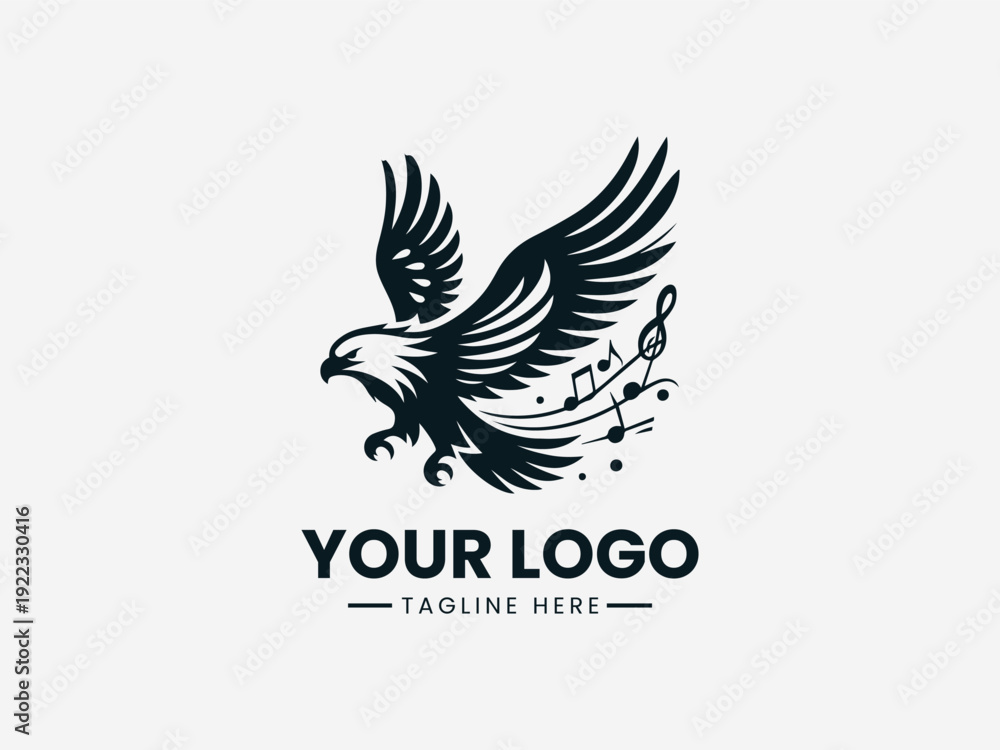 Fototapeta premium Black eagle logo with outstretched wings and musical notes on a white background with space for custom text.