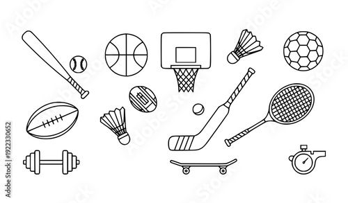 Minimal line sport icon pack featuring ball games and athletic activities editable outline vector