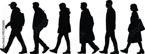 Black silhouettes of six casual people walking in a single file line carrying backpacks isolated on white background vector illustration