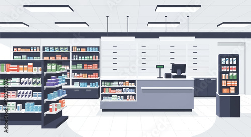 A modern pharmacy interior with medicine shelves service counter clean floor bright lighting organized layout minimal vector illustration flat design uncluttered composition