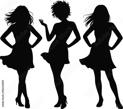 Black silhouettes of three young beautiful women standing and posing in short dresses on isolated white background vector illustration