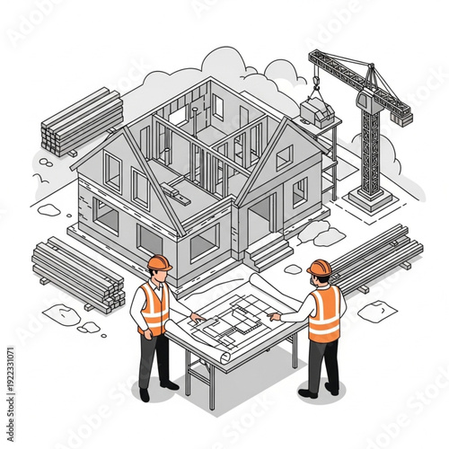 Construction workers planning house building project with crane.