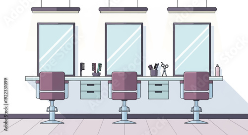 A modern hair salon with three styling stations, each equipped with a large mirror, comfortable chairs, and professional hair styling tools like combs and scissors, creating a sleek